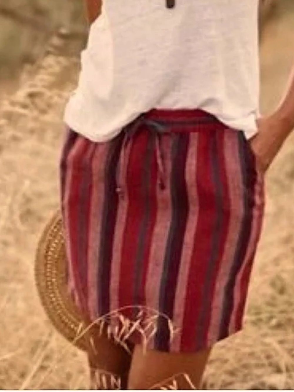 Garnet Hill Mini Skirt 100% Linen Red and Striped Drawstring Pockets SZ M